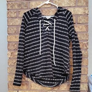 Hem & Thread Black and White Striped Hoodie Size Small